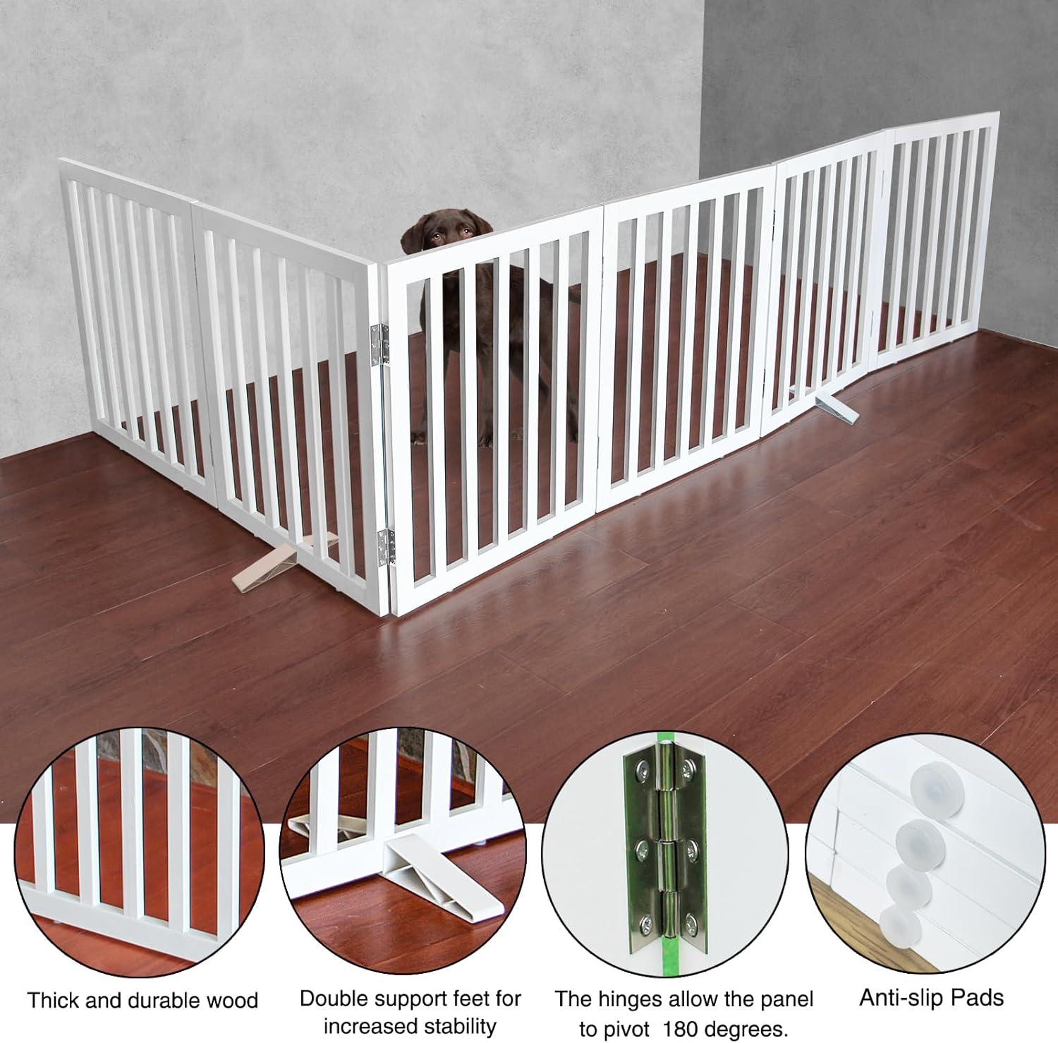 ZJSF Freestanding Indoor Dog Gate for House Foldable Wood White Puppy Gate for Doorways Pet Gate for Stairs Extra Wide Pet Fence 32" Height 6 Panels