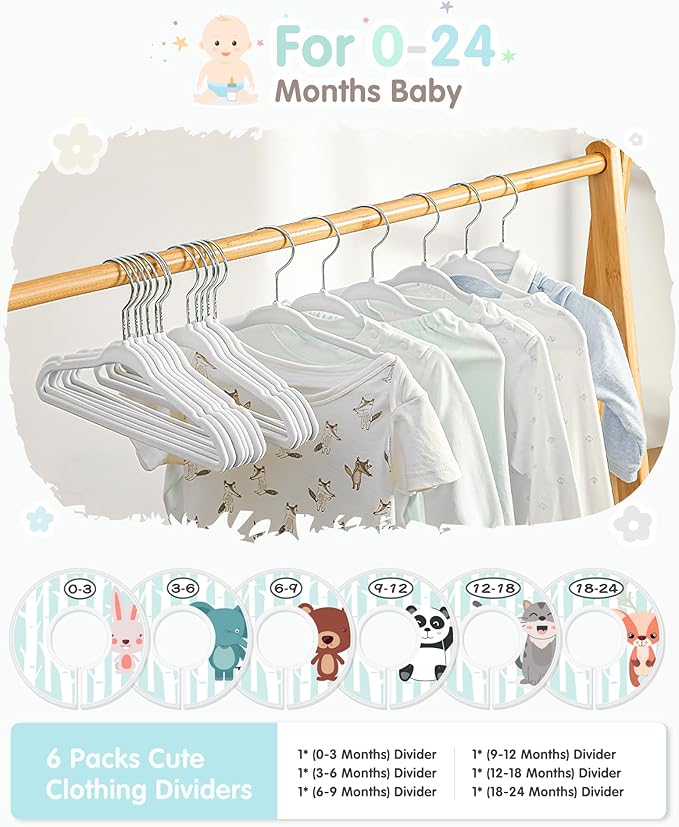 VIS'V Baby Hangers, 11 Inch Velvet Kids Hangers with 6 Pcs Clothes Size Dividers, Infant Toddler Nursery Closet Organization, Non Slip, White, 50 Pcs