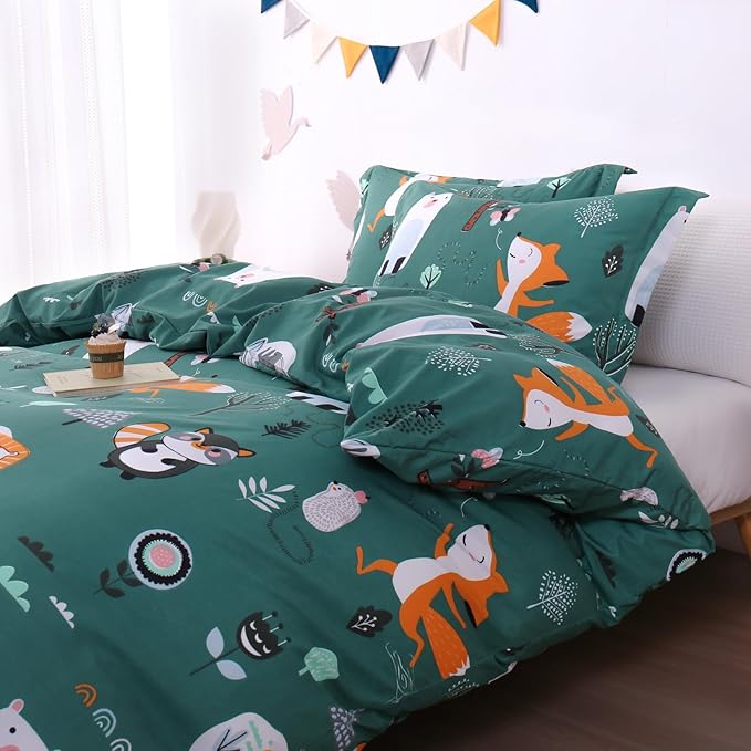 JSD Green Forest Animal Kids Duvet Cover Set Full Size, 3 Piece Soft Printed Microfiber Comforter Cover with Pillow Sham Zipper Closure, Comforter Not Included