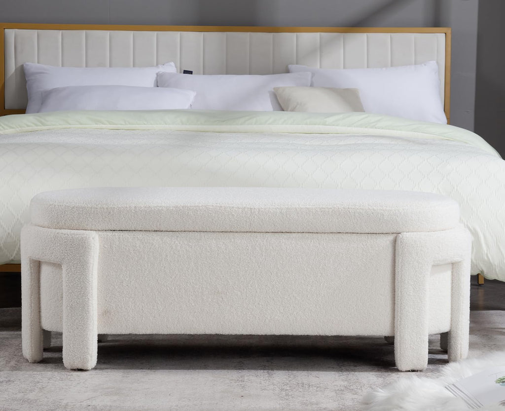 Kmax 50" Storage Ottoman Bench Modern Faux Fur Boucle Entryway Bench Comfy Upholstered End of Bed Bench for Hallway Entrance Bedroom Corner, White