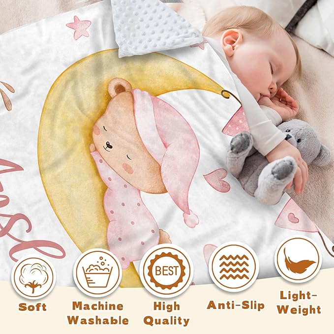 Personalized Baby Blanket for Girls, Custom Name Blanket for Newborn Toddler, Soft Flannel with Double Layer Dotted Backing, Gifts for Baby Shower Christmas Birthday, Pink Moon Bear(60" x80)