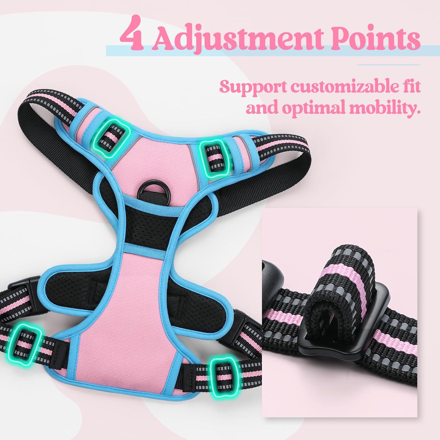 rabbitgoo Dog Harness No Pull with 2 Leash Clips, Adjustable Soft Padded, Reflective Oxford No Choke Pet Vest with Easy Control Handle for Large Dogs, Pink & Blue, L