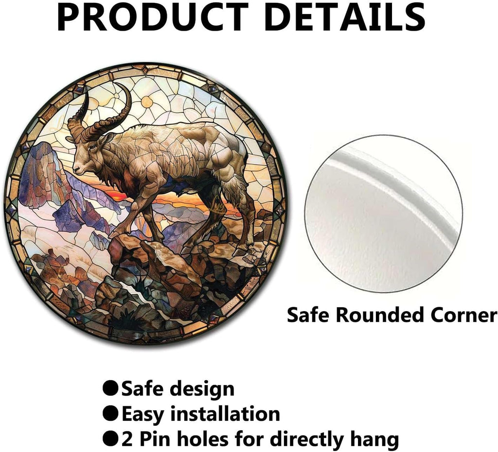 Lygond Metal Sign Tin Sign Circular Stained Glass Mountain Goat Vintage Sign For Club 8×8 Inches