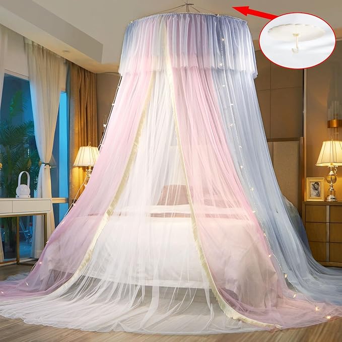 AIKASY Princess Bed Canopy for Girls & Adults, Elegant Double-Layer Bed Curtain, Children's Dream Round Lace Mosquito Net - Fits Twin, Full, Queen, and King Beds(Pink/Grey/White)