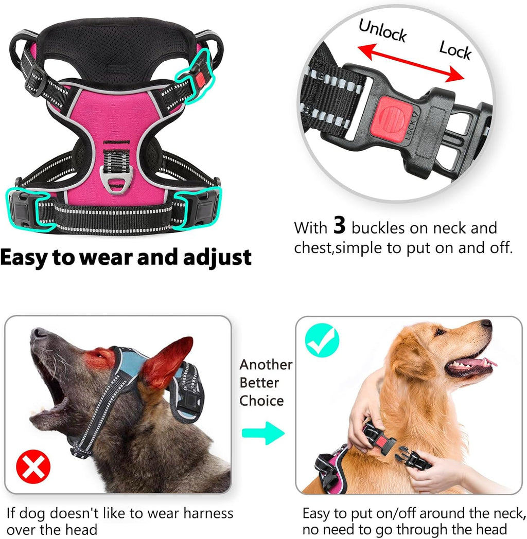 Timos Dog Harness, 3 Snap Buckles No-Pull Soft Padded Dog Vest with 2 Metal Leash Clips, Adjustable Reflective No Choke Pet Harness with Easy Control Handle for Extra Large Dogs,Rosy,L