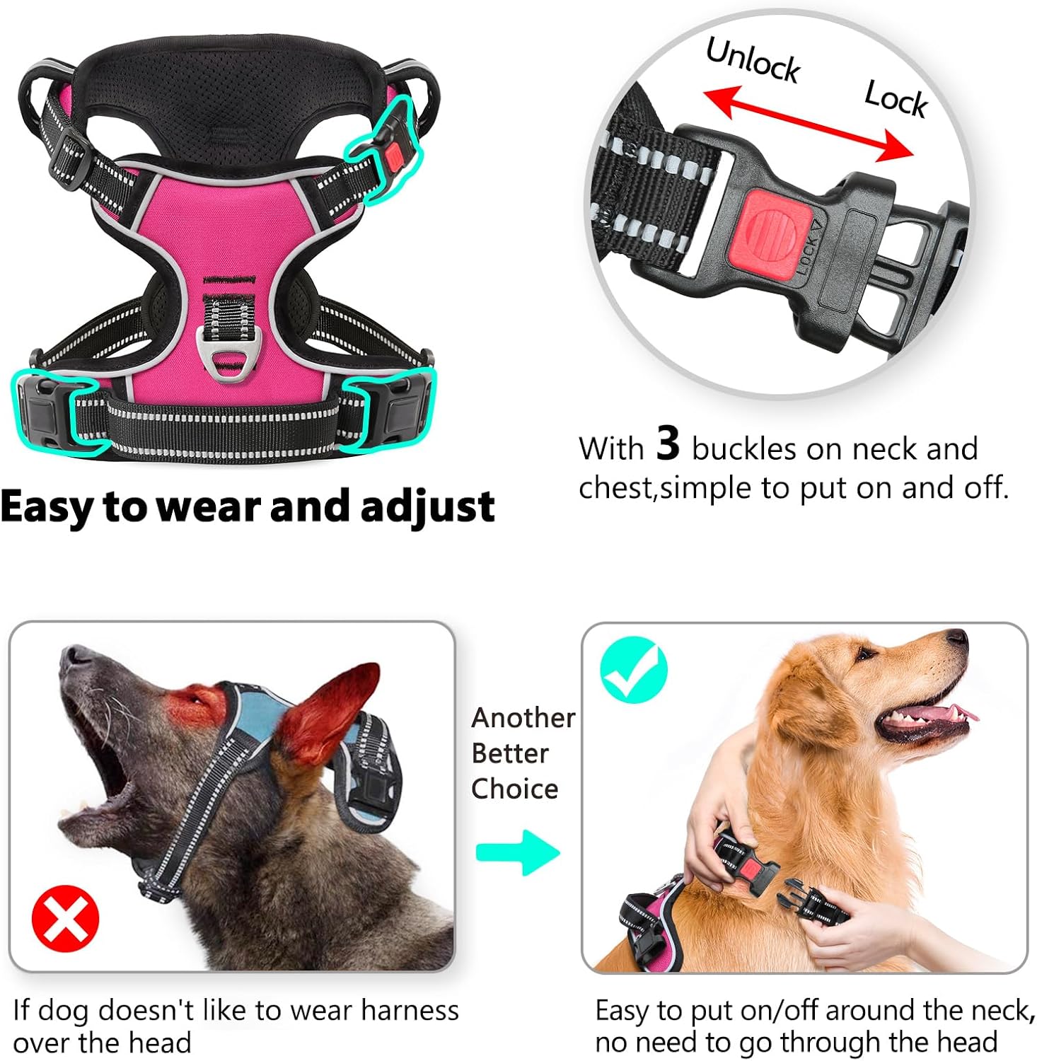 Timos Dog Harness, 3 Snap Buckles No-Pull Soft Padded Dog Vest with 2 Metal Leash Clips, Adjustable Reflective No Choke Pet Harness with Easy Control Handle for Extra Large Dogs,Rosy,L