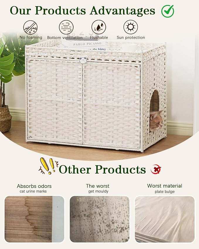 SETVSON Cat Litter Box Enclosure Furniture, Handwoven Rattan Hidden Litter Box - Image 3