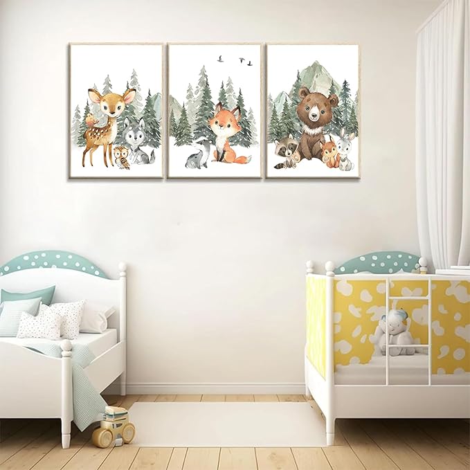 3Pcs Woodland Animal Nursery Canvas Wall Art Forest Adventure Theme Animals Picture Posters Wall Decor Cute Watercolor Deer Bear Fox Painting Print Artwork for Kids Baby Bedroom Decor 16x24in Unframed