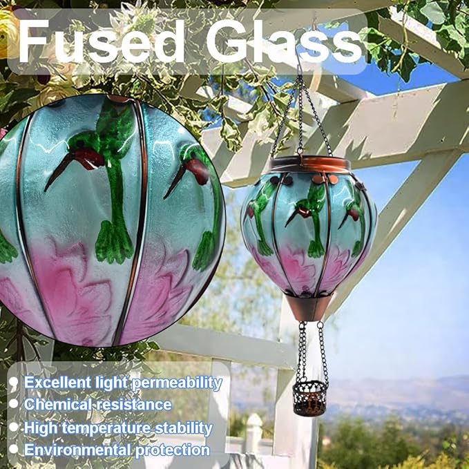 Hot Air Balloon Solar Lantern with Flickering Flame, Glass Hanging Garden Lights Outdoor Waterproof for Tree Yard Patio Mother's Day Gift, 18" H Hummingbird