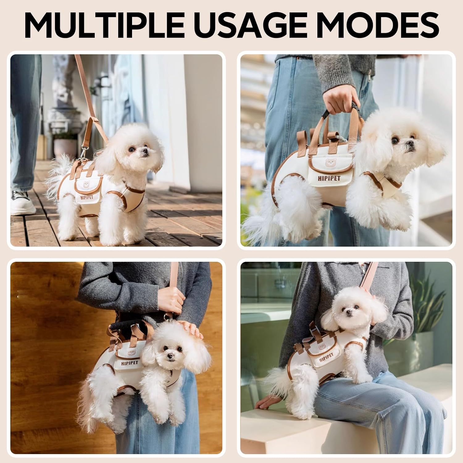 Portable Breathable Pet Carrier Sling & Backpack for Dogs & Cats, Adjustable Full-Body Harness with Traction Leash, Crossbody & Car-Friendly (Large)