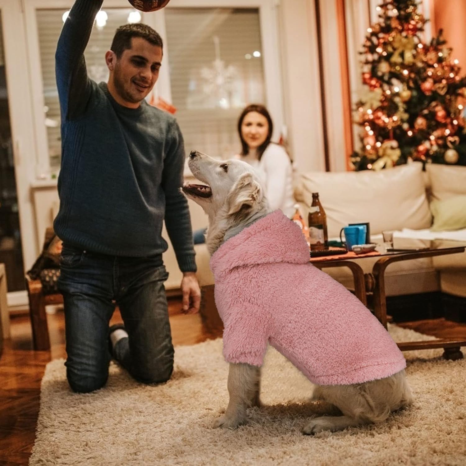 Fuzzy Dog Sweaters for Large Dogs Pet Hoodie Clothes Warm Soft Pet Coats Hooded Sweatshirt Dog Sweaters for Extra Large Dogs(Pink-XL)