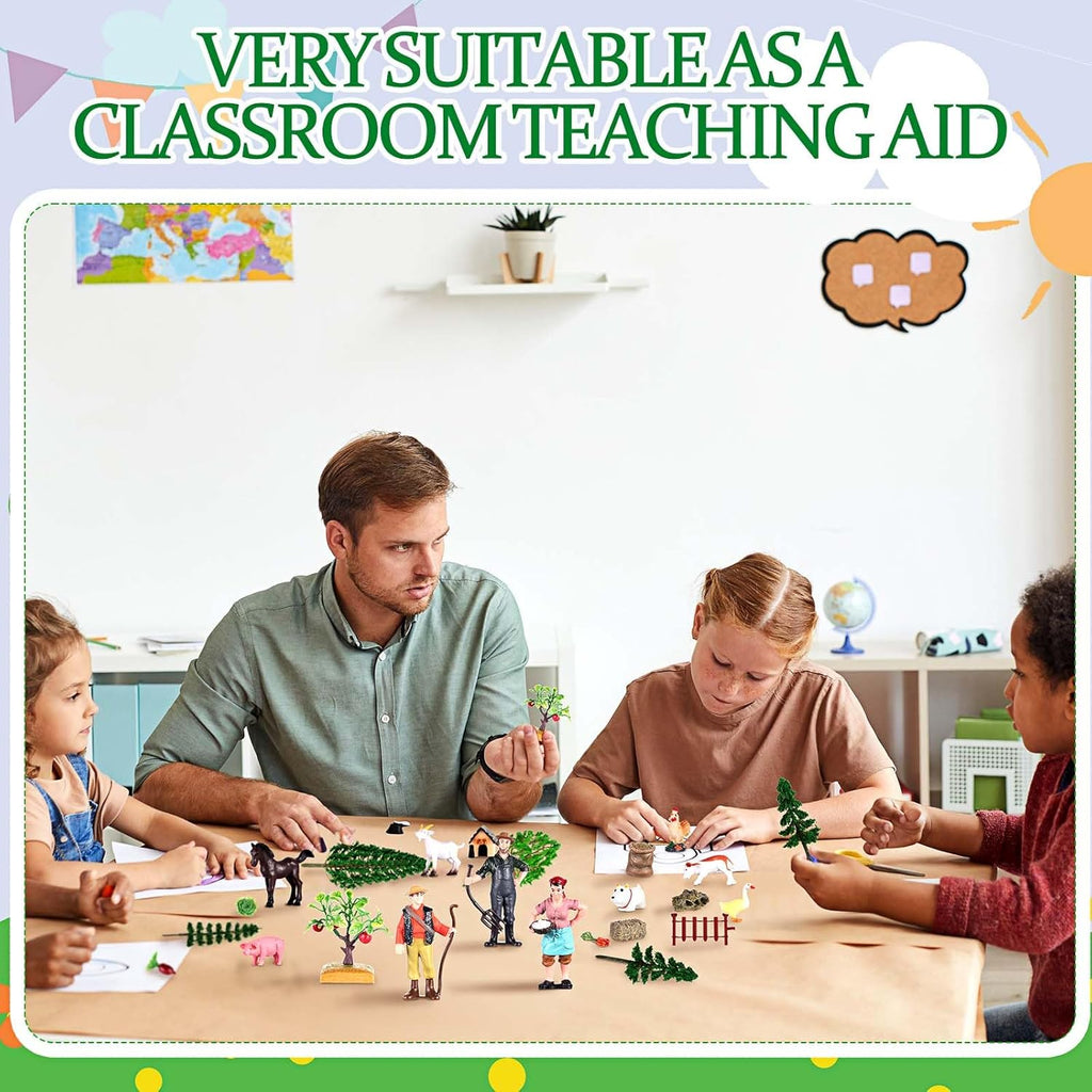 27 Pcs Farm Toys Set, 3 Little Farmer Figurines 9 Plastic Animals Figurines 10 Feed Food Fence Playset 4 Model Trees 1 Moss Mat Animal Farm Toys for Educational School Project Gift