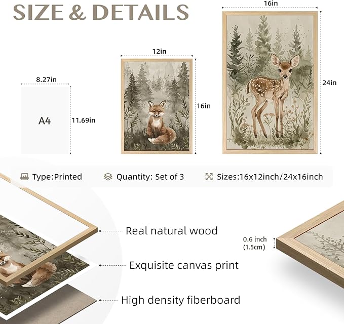 kilamino Wood Framed Woodland Animal Nursery Wall Art, Cute Fox Bear Deer Wall Decor, Neutral Wildlife Animal Art Prints, Funny Nature Forest Animal Canvas Paintings for Baby Room Playroom 16"x24"x3