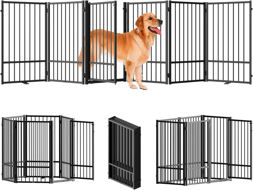 Full Metal Freestanding Dog Gate with Door, 36''Height Foldable Pet Dog Fence for Indoor & Outdoor, 6 Panels Extra Wide Free Standing TallDog Gates for Doorways,House,Stairs,Porch,Deck,Yard