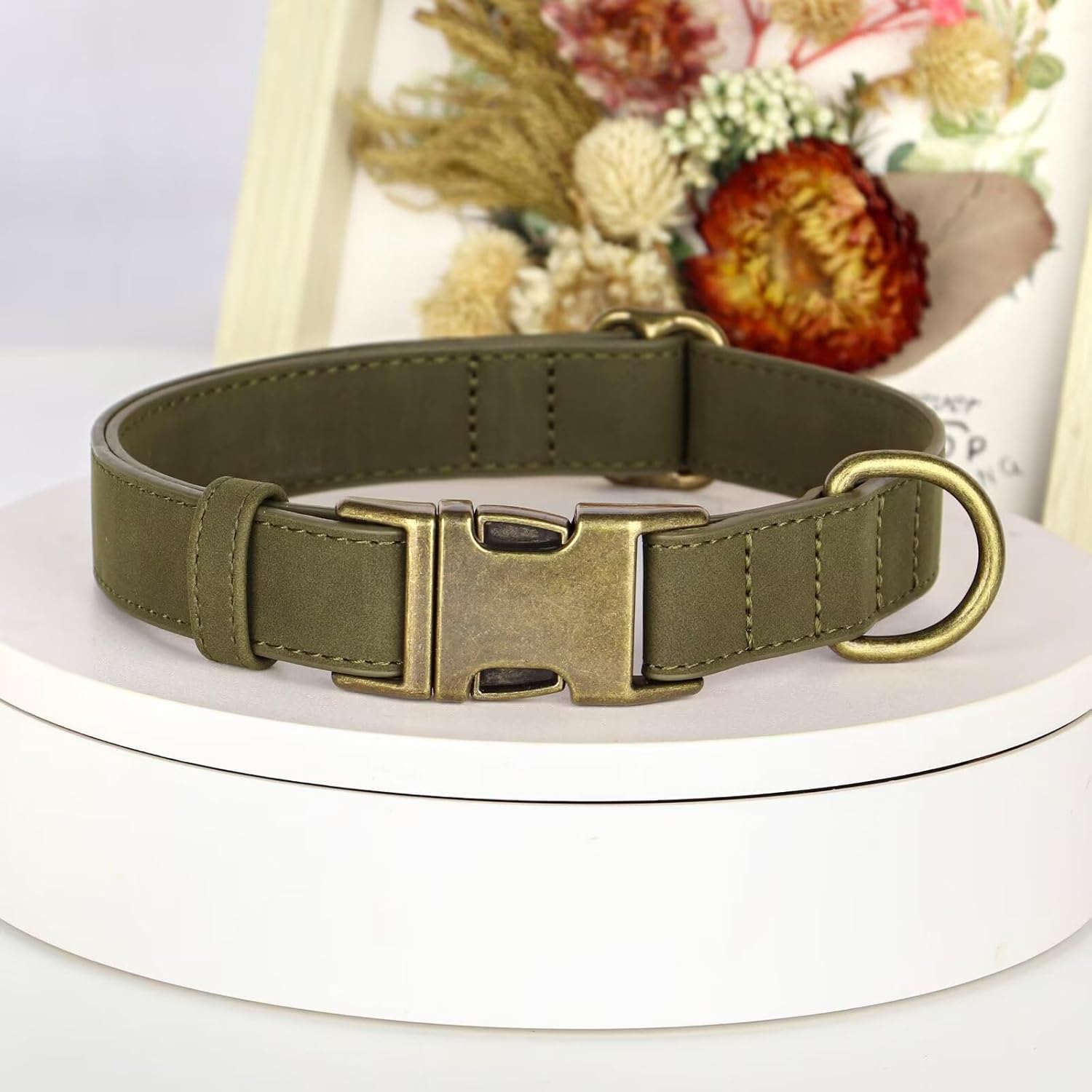 Didog Soft PU Leather Dog Collar, Stylish Quick Released Dog Collar for Large Dogs, Easy Clean Adjustable Pet Collar for Daily Walking, Dark Green, L Fit 15-23" Neck