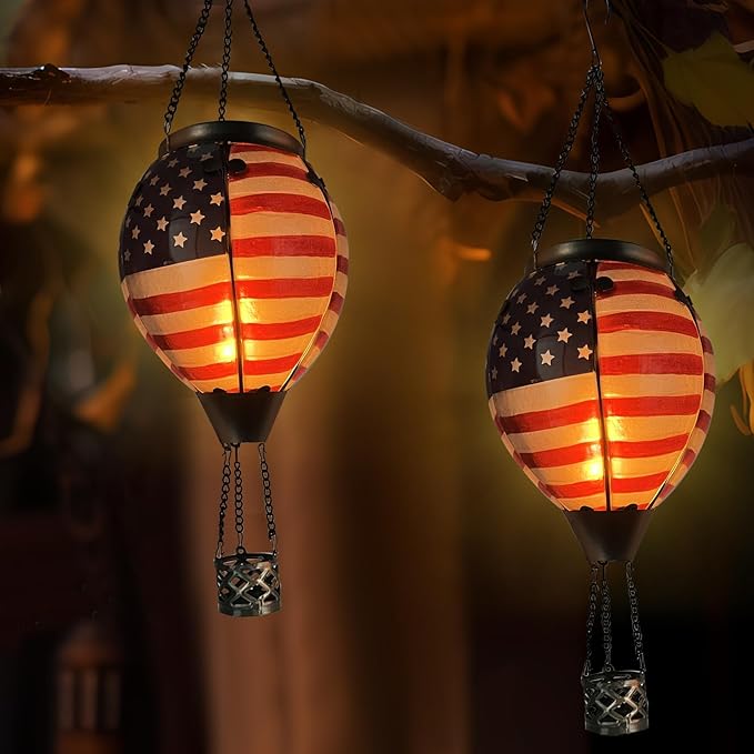 Glass Solar Hot Air Balloon Lantern with Flame Hanging Garden Flickering Light Outdoor Waterproof for Yard Patio Tree 4th of July Decorations, Flag