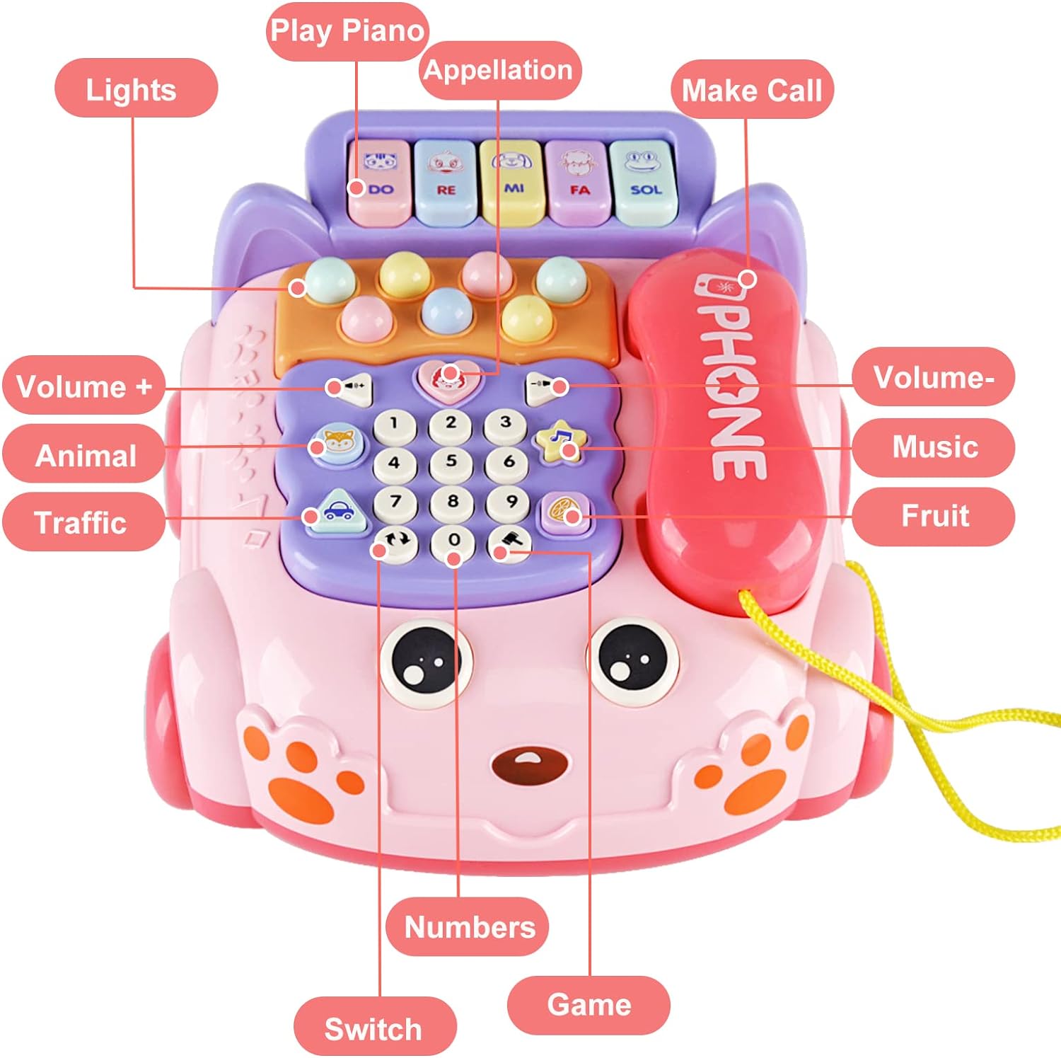 Baby Phone Toy,Baby Toy Phone Cartoon Baby Piano Music Light Toy Children Pretend Phone, Kids Cell Phone Girl with Light Parent-Child Interactive Toy Gift Game Boy Girl Early Education Gift Pink 18M+