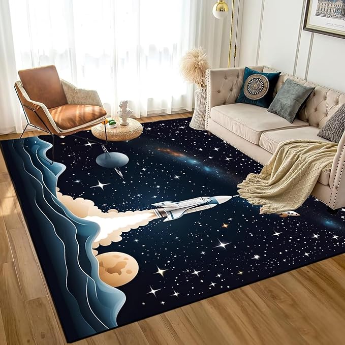 5' x 7' Space Rocket Rug for Kids Bedroom Black Stars Rugs Galaxy Carpet Planet Printed Throw Rugs for Boys Teens Living Room,150x210cm