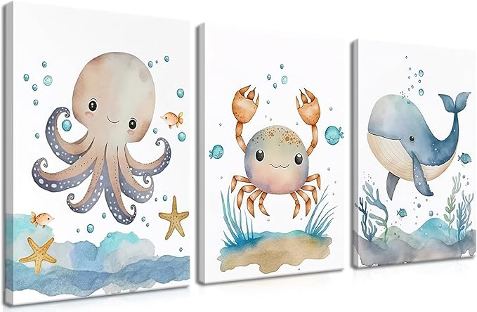 Ocean Nursery Wall Art Set of 3, Sea Animal Baby Boys Room Canvas Wall Decor Paintings, Watercolor Ocean Kids Nursery Posters Prints Pictures for Boys and Girls Room, Bedroom 16x24 Inch Framed