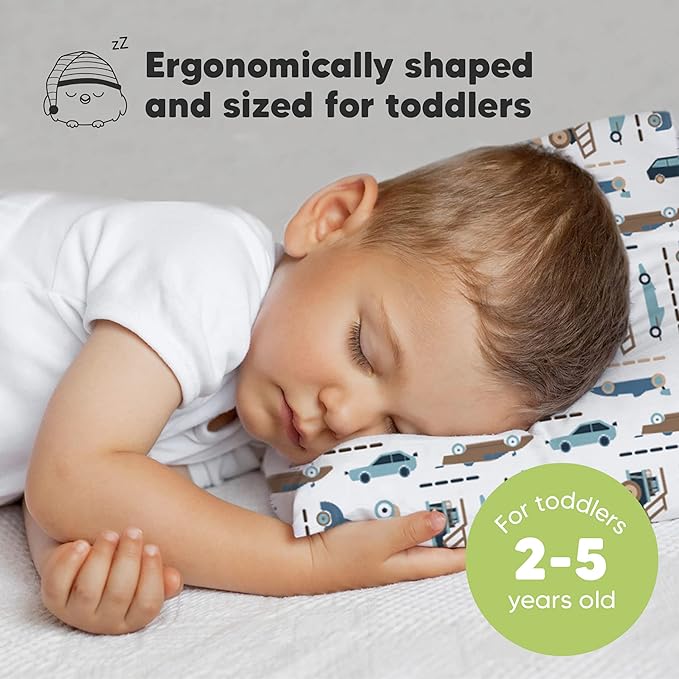 Toddler Pillow with Pillowcase - 13x18 My Little Dreamy Kids Travel Bed Pillows for Sleeping, Organic Cotton Small Pillowcase, Soft & Breathable, Machine Washable, Toddlers 2-5 Years Old (Vroom)