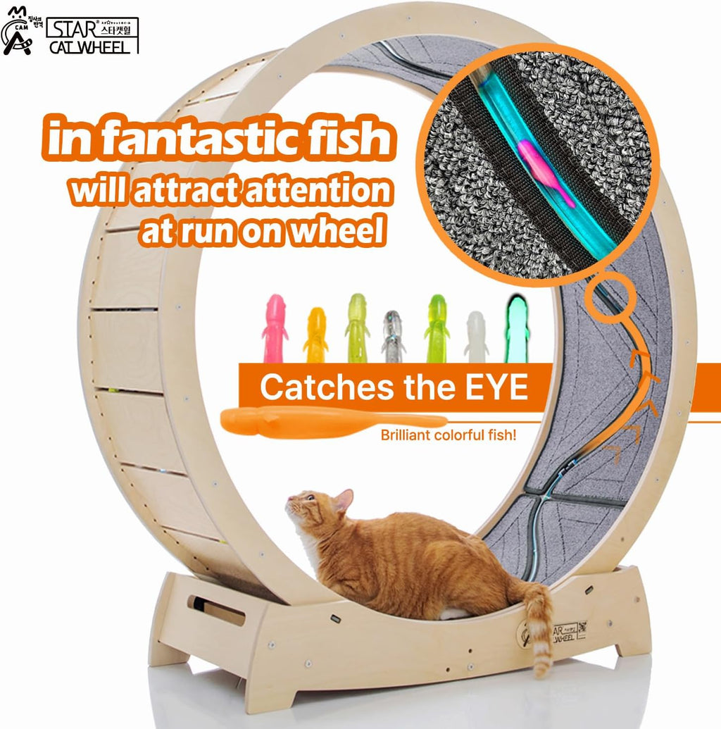 Star Cat Wheel, Cat Treadmill, Exercise Wheel for Running, Spinning, Scratching, and Climbing for Indoor Cats, Premium Birch Wood, Eco-Friendly, Moving Fish, Wide Running Track, 41.7 inch L Size