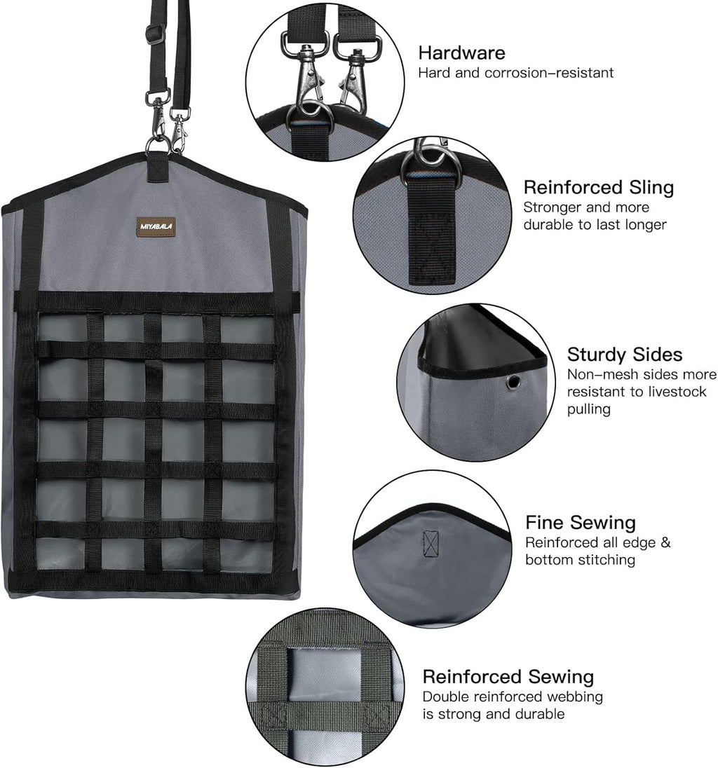 Hay Bags for Horses,3 Packs Slow Feed Hay Bags for Goats,Sheep,Donkey,Premium Oxford Hay Feed Bags with Front Hay Nets Design, Easy to Fill and Hang with Large Opening (1 Black+2Grey)