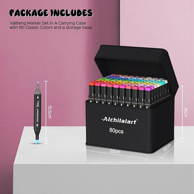 alchilalart 80 Colors Alcohol Markers Set - Dual-Tip Art Markers for Sketching, Animation, Blending - Professional Art Supplies for Artists, Designers, Adults