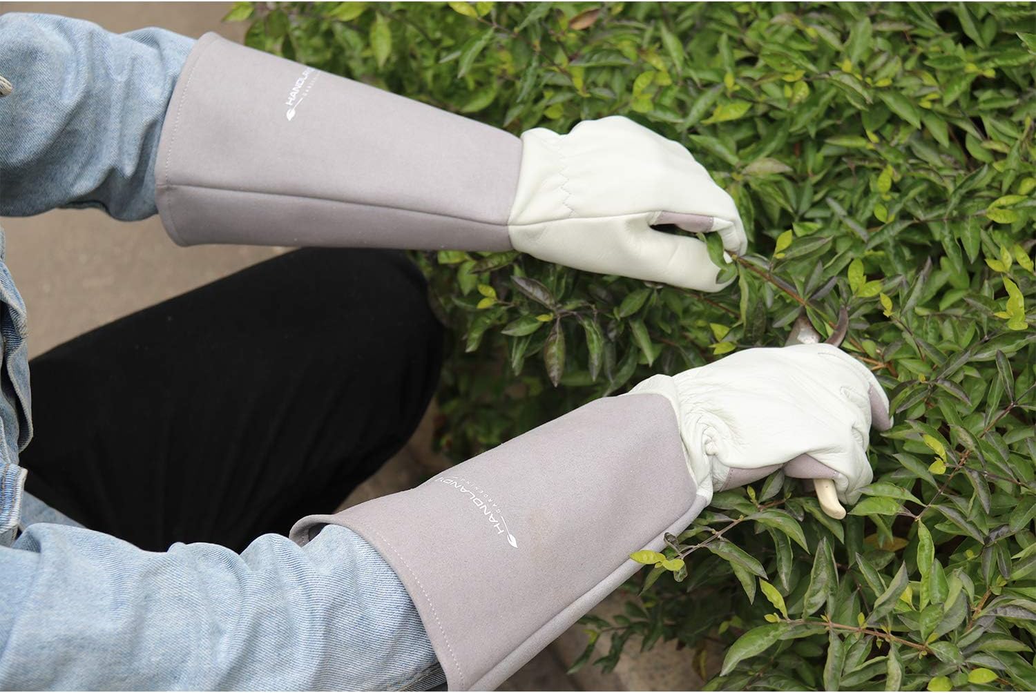 HANDLANDY Long Gardening Gloves for Men & Women, Thorn Proof Rose Pruning Gloves Leather Gauntlets Garden Glove Yard Work Glove (Small, Grey)