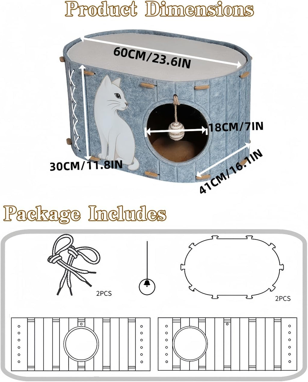 2-in-1 Large Cat House for Indoor Cats, Felt Cat Cave with Cushion, Dual Entrances & Sisal Ball Toy, Enclosed Bed for Large Cats or Multi-Cat Use, Supports 88 lbs