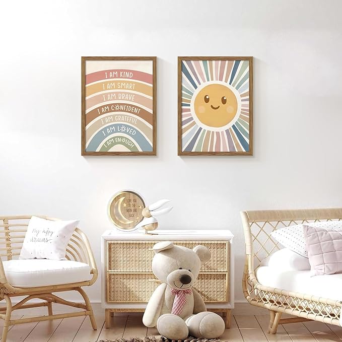Dytila 2 Piece Framed Boho Rainbow Kids Room Wall Art, Positive Affirmations Playroom Wall Decor, Sun Smiley Face Nursery Painting Canvas Prints for Classroom Toddler Room Decor 16x24 Inch