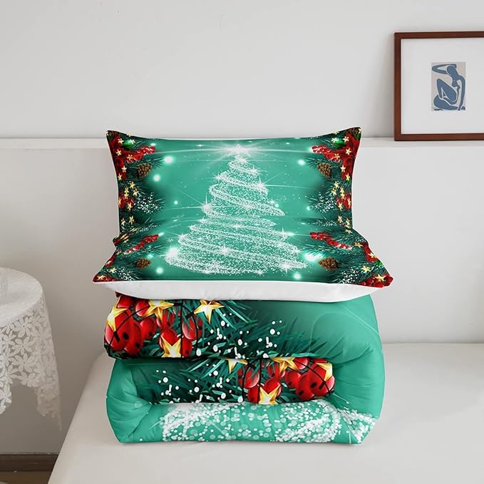 Feelyou Merry Christmas Comforter Set, Kids Santa Tree Glitter Bedding Comforter Full Size for Boys Girls Xmas Christmas Bell Decor,1 Comforter + 2 Pillow Cases Boys