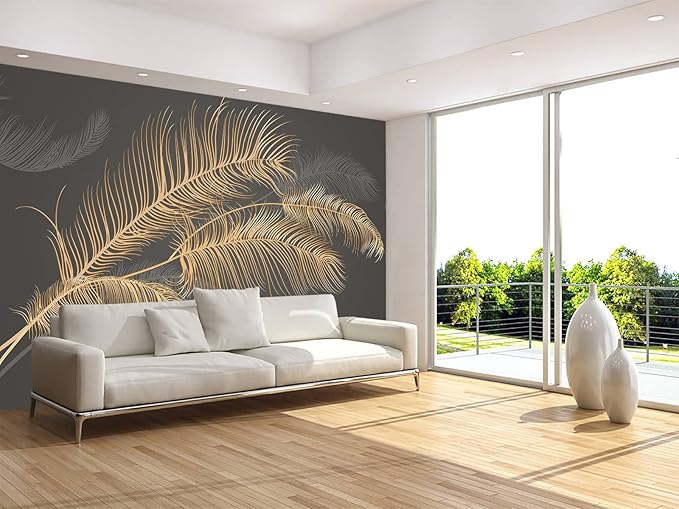 Black and Gold Feather Wallpaper Huge Banana Leaf Mural Wallpaper for Bedroom Living Room TV Background (Not Peel n' Stick)