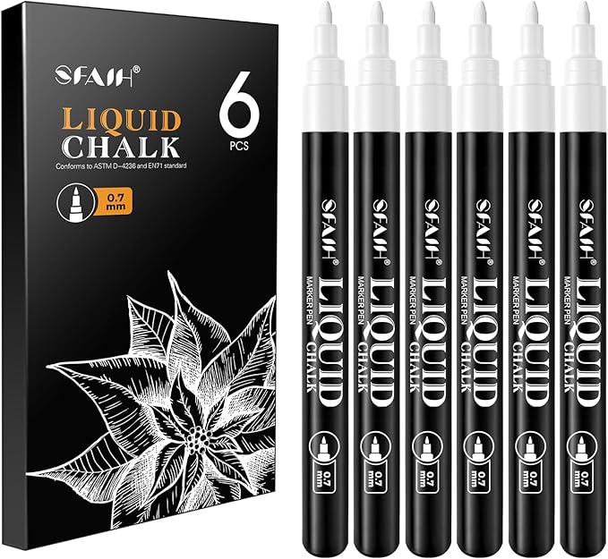 SFAIH Liquid Chalk Markers for Bhalkboard - White 6 Pack 0.7mm Fine Tip, Wet Erase Chalk Marker for Chalkboard, Menu, Bistro, Signs, Windows, Glass, Labels, Dust-Free [1s Wet Wipe] - No Residue