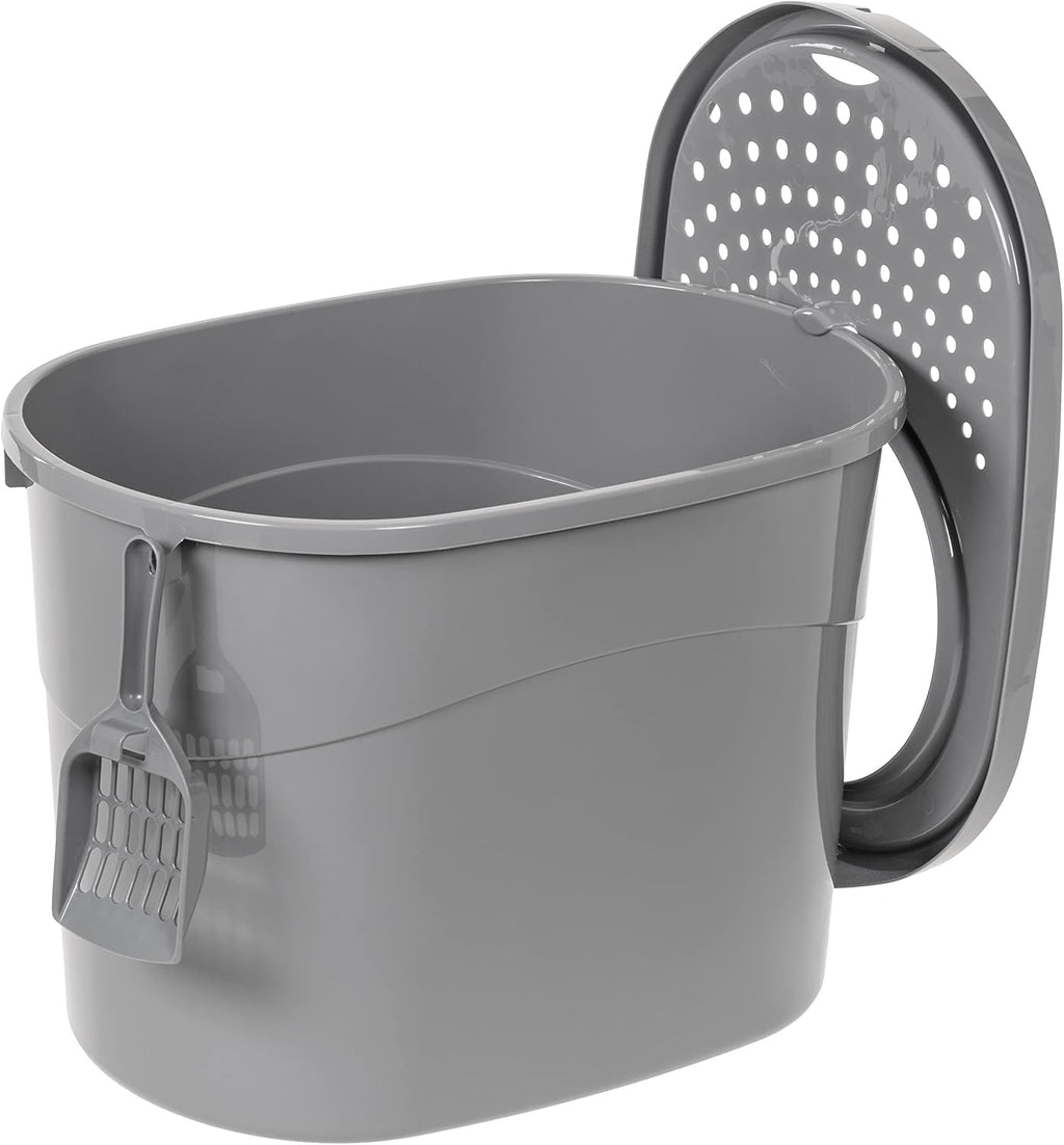 Amazon Basics Large Cat Litter Box with High Sides, Top Entry, Includes Scoop, 20.5 x 14.75 x 14.38 inches, Grey