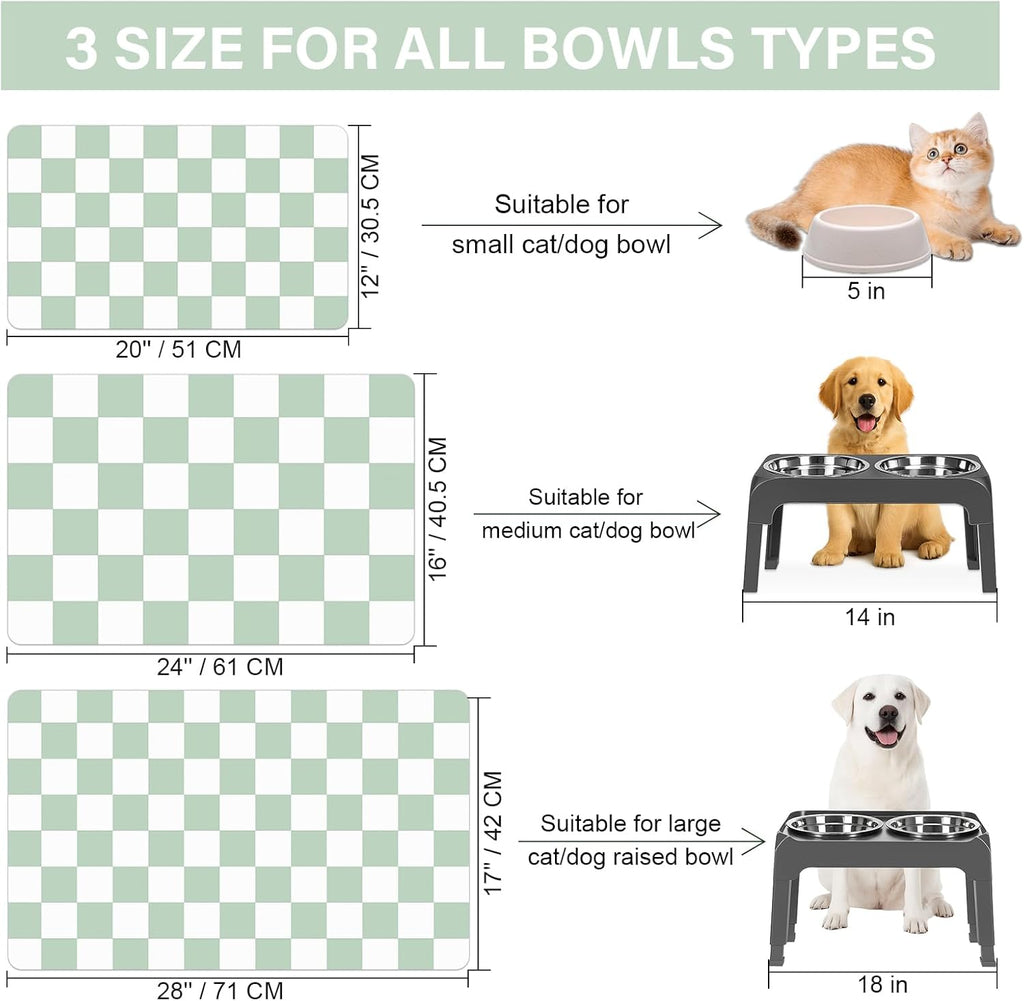 Pet Feeding Mat, 16"x 24" Absorbent Dog Food Mat, Checkered Cat Bowl Mats, Easy to Clean Pet Placemats, Quick Dry Dog Water Dispenser Mats for Messy Drinkers, Green & White