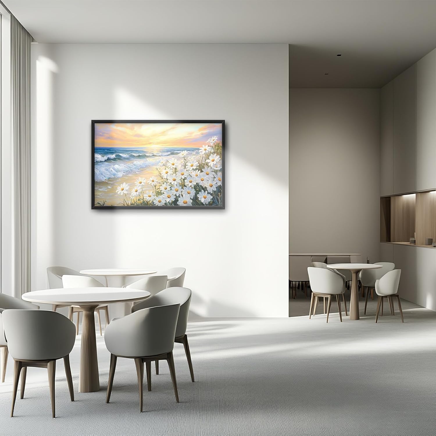 Large Beach Daisy Wall Art, Framed Coastal Beach Wall Decor for Living Room, Oversized Sunrise Canvas Painting Seascape Pictures Home Decoration for Living Room Bedroom Office 36"x24"