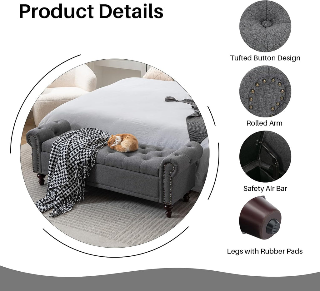 58.1'' Storage Bench Upholstered Linen End of Bedroom Bed Bench Ottoman with Tufted Cushioned Rolled Arm Large Storage Space for Reading Living Room Entryway, Grey