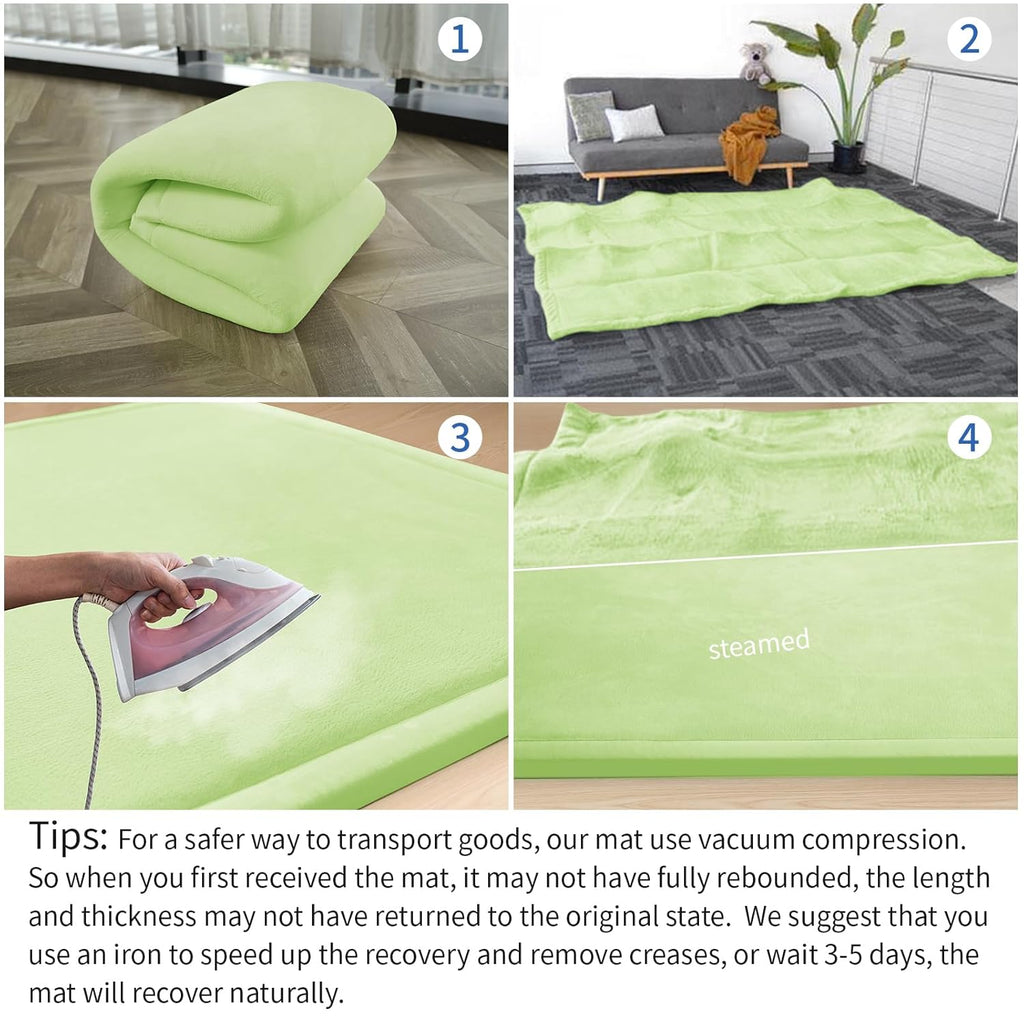 Play Mat for Babies Toddlers,1.3" Thick Elasti-Foam Anti-Fall Cushion Mat for Kids Room,28×72 Bedroom Bedside Rugs,Water-Repellent Soft Coral Velvet(Light Green)
