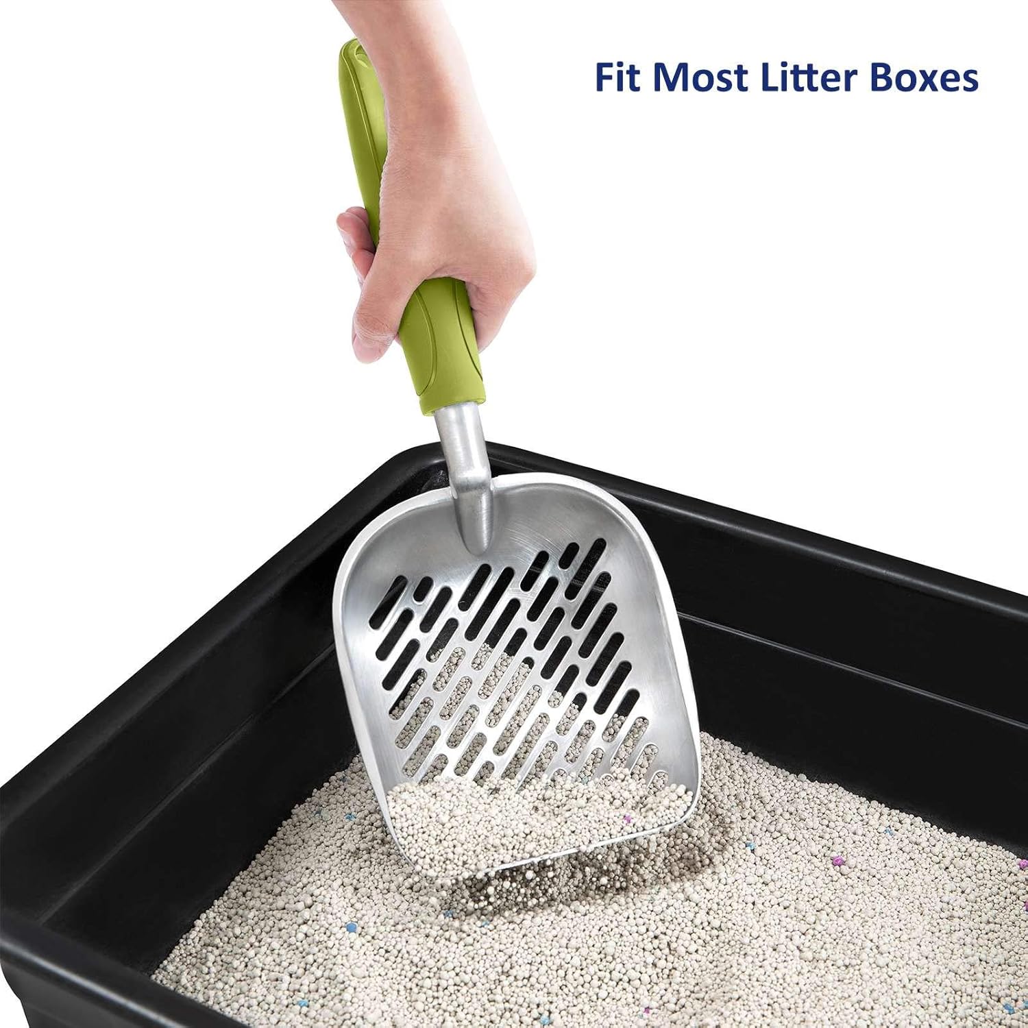 WePet Cat Litter Scoop, Aluminum Alloy Sifter, Kitty Metal Scooper, Deep Shovel with Diagonal Sifting Hole, Long Handle, Kitten Poop Lifter for Litter Box, Large Size, Green Handle