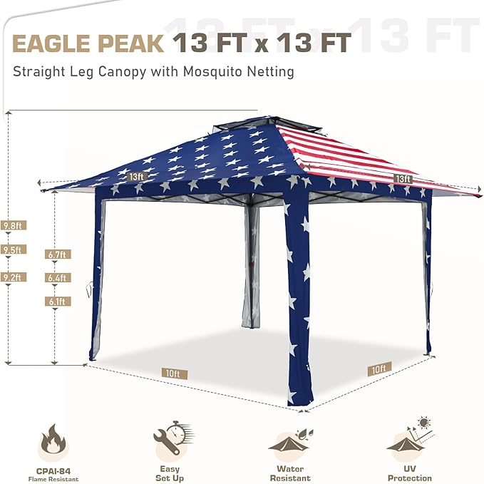 EAGLE PEAK 13x13 Pop Up Gazebo with Mesh Netting, Easy Up Screened Canopy for Patio and Backyard, Easy Set up Outdoor Gazebo (American Flag)