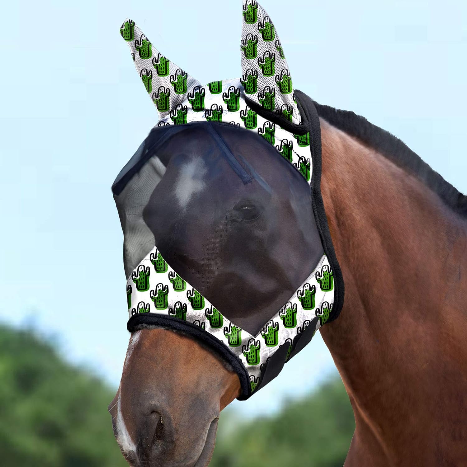 Harrison Howard LumiVista Horse Fly Mask Standard with Ears UV Protection for Horse Green Cactus L Full Size