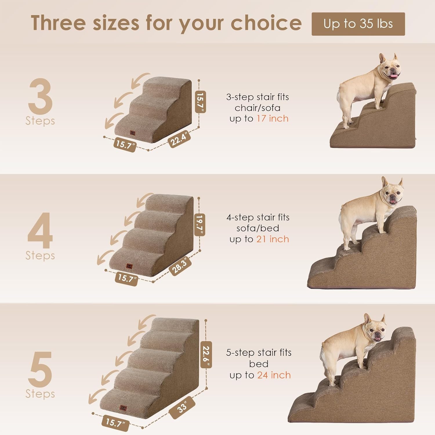 EHEYCIGA Curved Dog Stairs Ramp for Small Dogs 15.7" H, 3-Step Dog Steps for Couch Sofa and Chair, Pet Stairs for Cats, Non-Slip Balanced Pet Steps Indoor, Camel