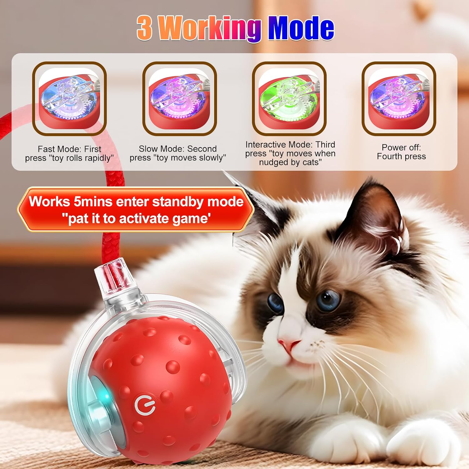 Tiny Fetch Dog Toy, Tinyfetch Interactive Dog Cat Toys Balls with Birdsong, 360° Smart Automatic Rolling Dog Ball Toy with Rope for Pets Indoor & Outdoor Play (Red)