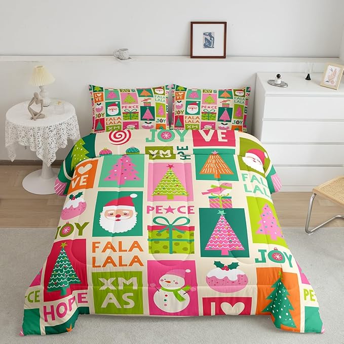 Feelyou Christmas Comforter Set Snowman Christmas Tree Print Kawaii Comforter Xmas Santa Claus Bedding Set for Kids Girls New Year Theme Quilt Set Bedroom Collection 2Pcs Twin Size