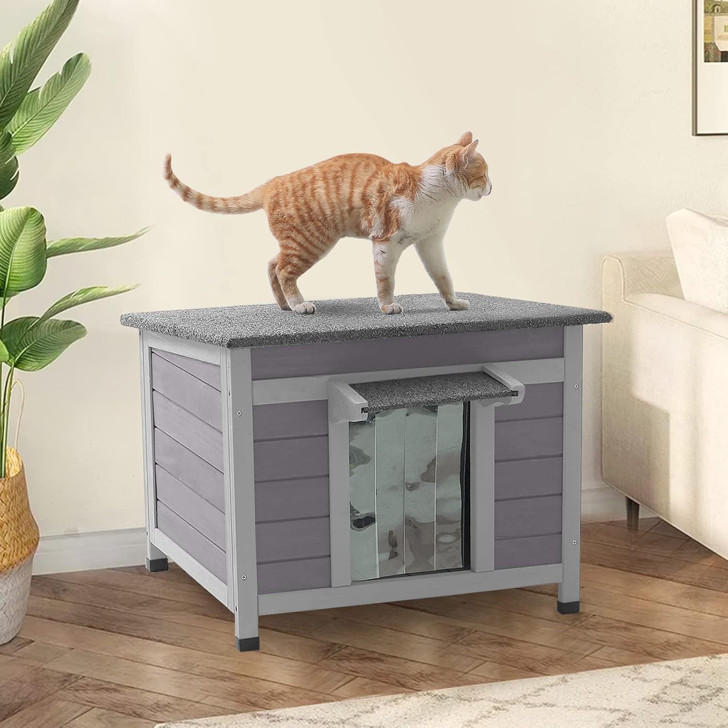 Aivituvin Cat House Waterproof Feral Kitty Shelter Outdoor Indoor Rabbit Hutch for Bunnies,Cats,Dogs and Other Small Animals,Asphalt Roof