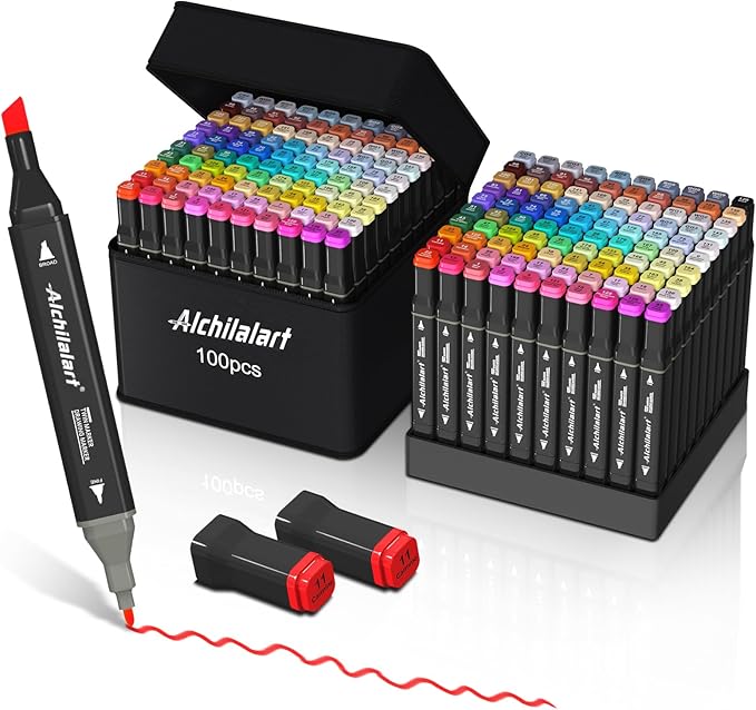 alchilalart 100 color alcohol base markers, alcohol marker set with base, double head alcohol sketch drawing markers animation for adults and children