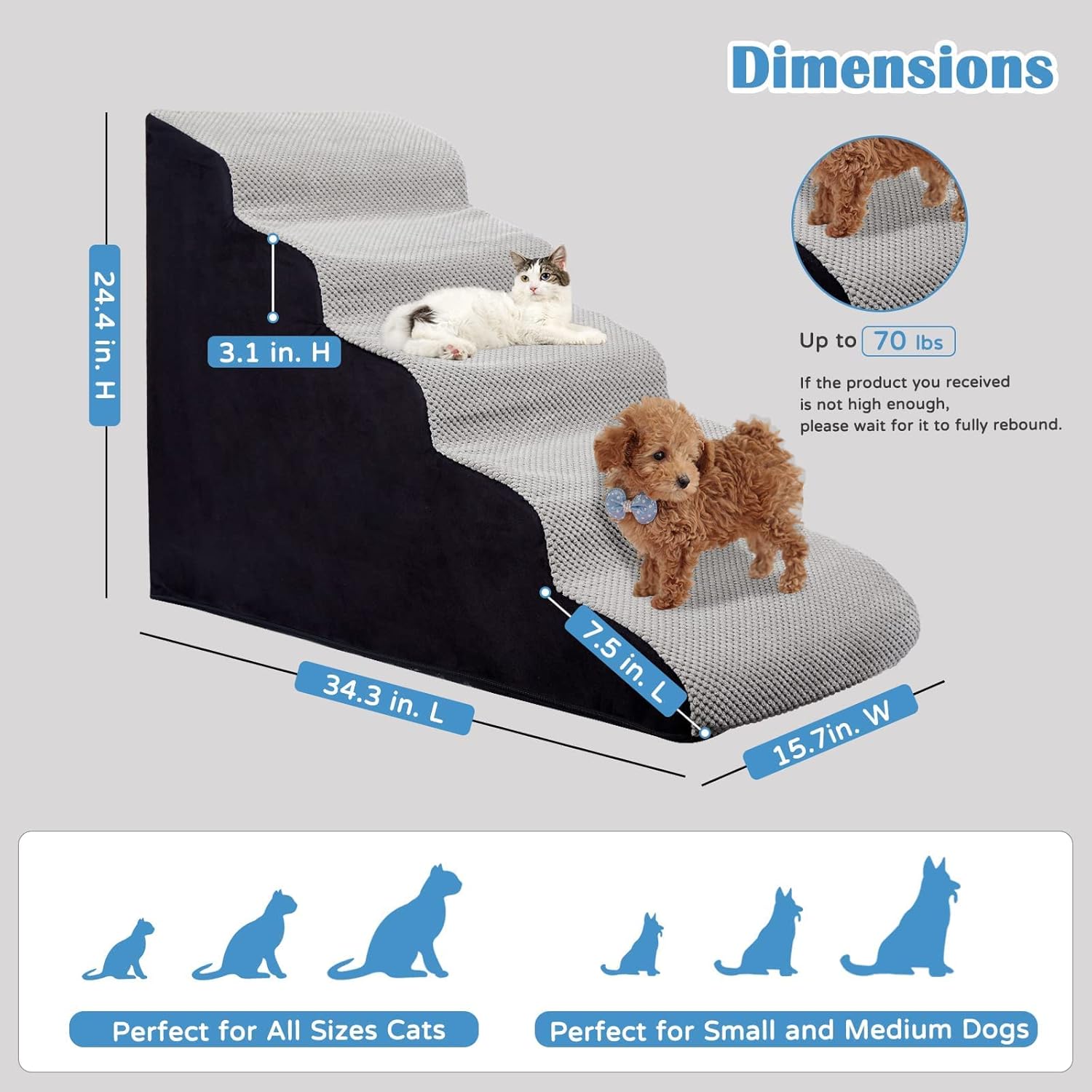 Curved Dog Stairs 24 inches High, Dog Ramp Stairs for Small Dogs for High Beds 20-25 inches Tall, 30D Foam Dog Steps for Beds 24 inches, Pet Stairs/Steps for Old Dogs Cats, Grey