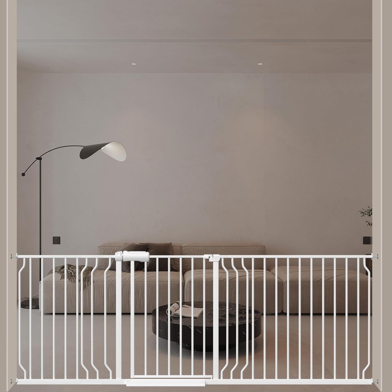 ALLAIBB Extra Wide Pressure Mounted Baby Gate Walk Through Child Kids Safety Toddler Tension White Long Large Pet Dog Gates with Extension for doorways Kitchen (71.65-85.03"/182-218cm, White)