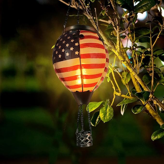 Glass Solar Hot Air Balloon Lantern with Flame Hanging Garden Flickering Light Outdoor Waterproof for Yard Patio Tree 4th of July Decorations, Flag