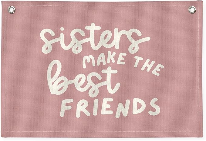 Best Friends Nursery Decor - Sister Pink Linen Banner Wall Hanging for Baby Girl Shower Gift, Toddler Bedroom & Girls Playroom 20x30 Inch